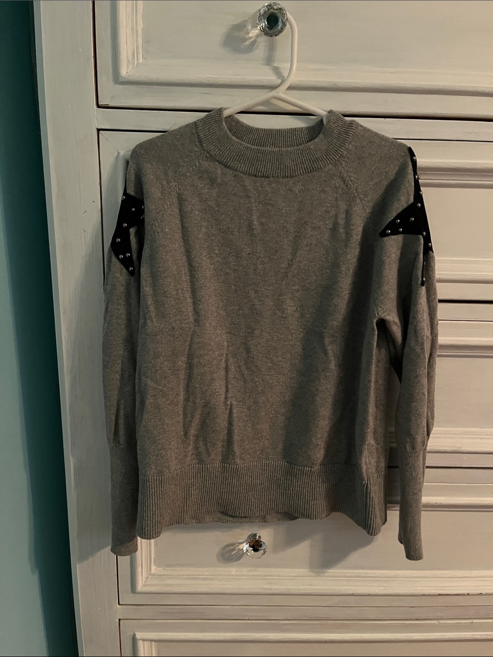 Autumn Cashmere Gray Crewneck Sweater with Studded Black Shoulder Accents